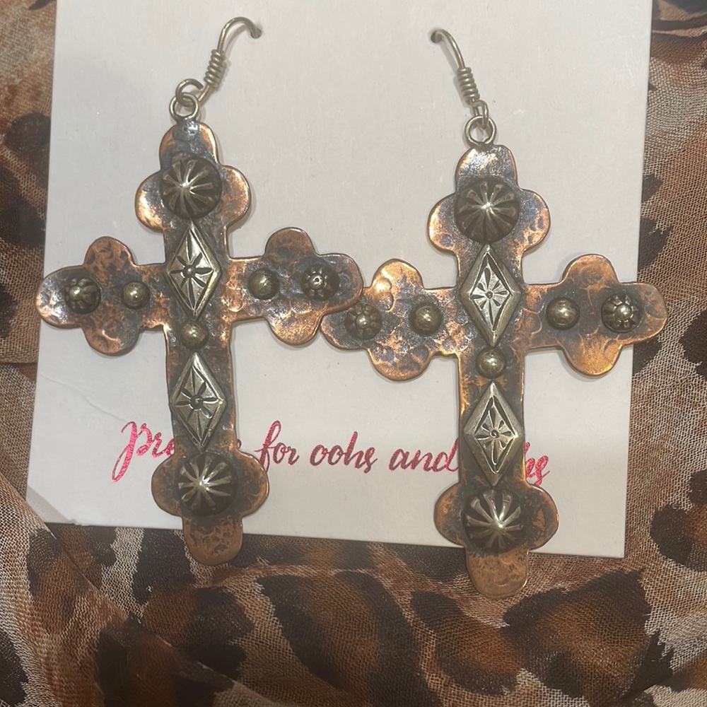 Copper cross earrings